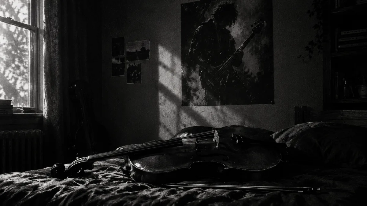 ① A cello on the bed, a bassist's poster on the wall