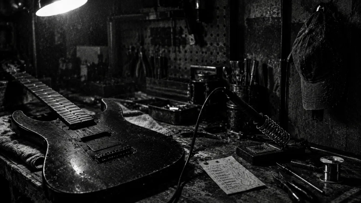① A repair bench with a stringless guitar, and a hanging cap
