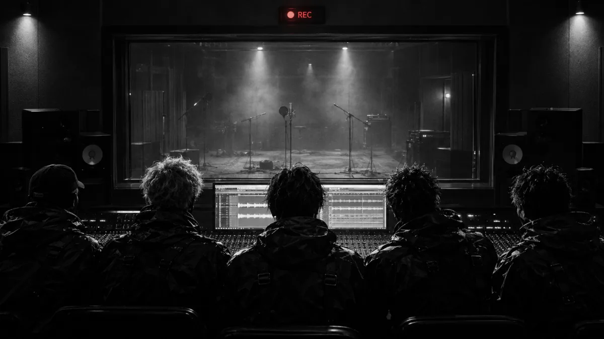 ③ The five look through the glass at an empty booth