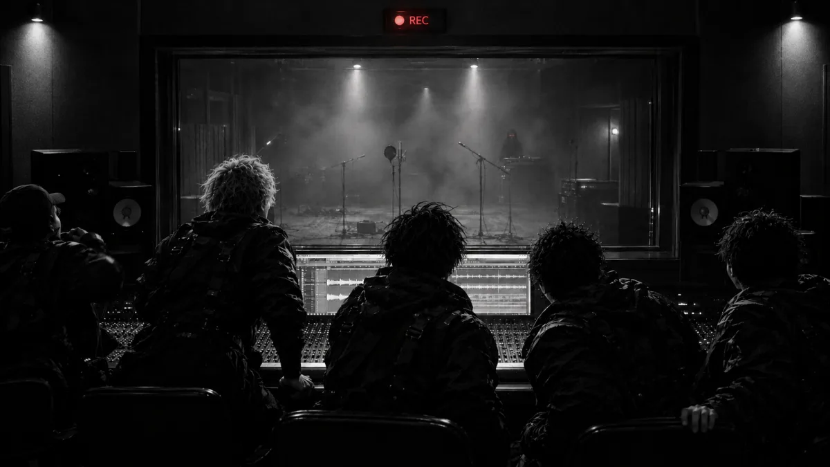 ③ The same control room — red eyes in the smoke beyond the glass