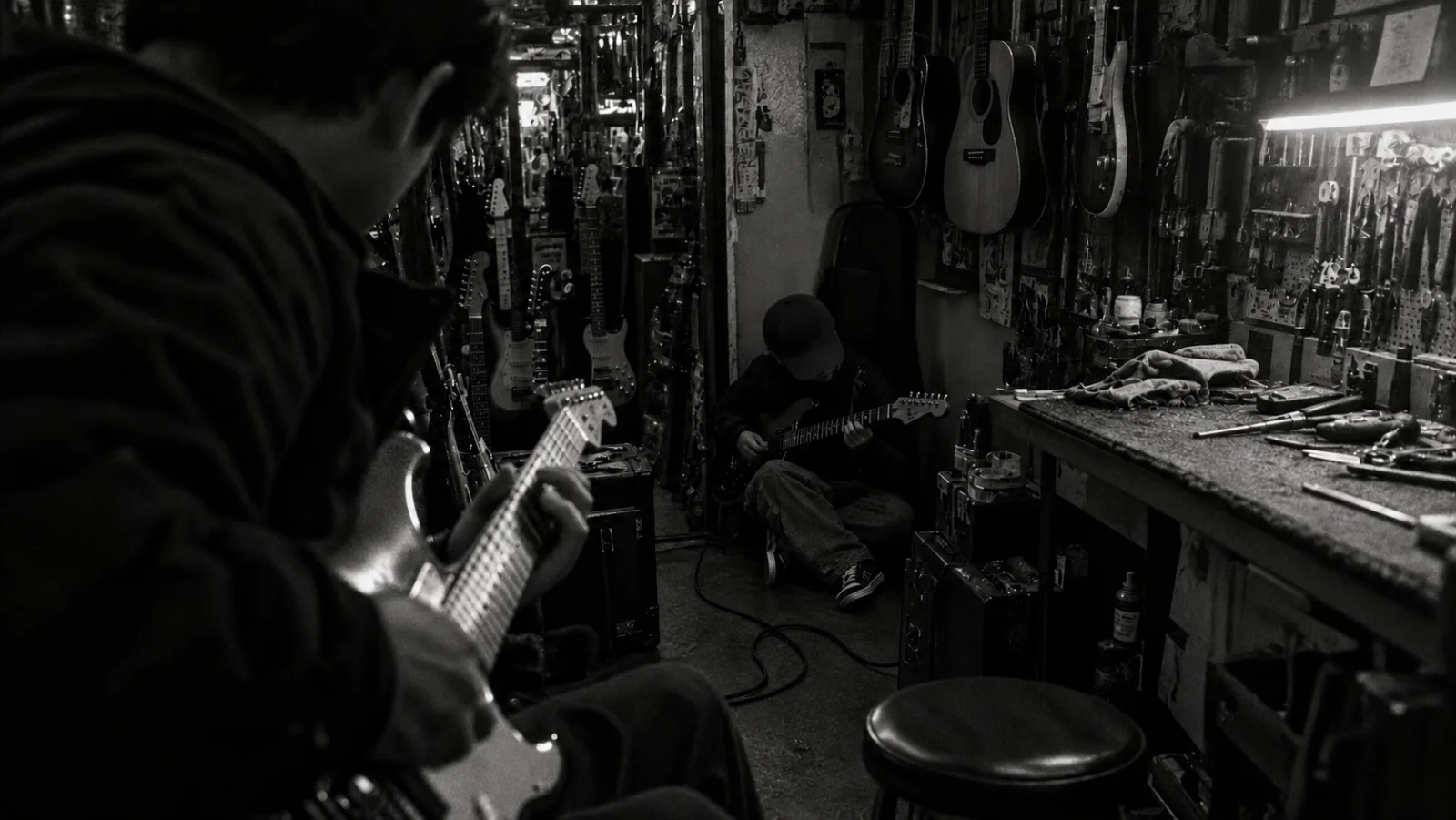 Nakwon Arcade repair shop — BLAKE listening to a customer's guitar